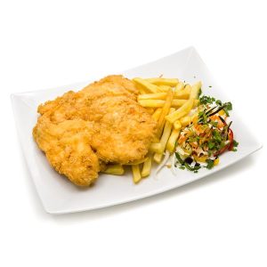 Snitel de vita cu cartofi prajiti si salata